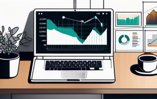 Ordnentlicher Arbeitsplatz mit modernem Laptop, der Diagramme und Analysen zeigt, ergaenzt durch eine Tasse Kaffee, mit einem Hintergrund aus sanfter Beleuchtung und minimalistischen Moebeln.