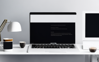 Elegantes Desktop-Setup mit Laptop, Kaffetasse und Notizbuch in minimalistischem Buero.