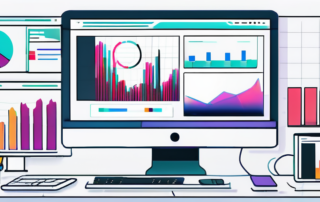 Moderne Bueroeinrichtung mit digitalen Geraeten, die Diagramme und Analysen anzeigen, zur Optimierung von Geschaeftsumwandlungsquoten, mit professioneller und fokussierter Atmosphaere und farbigen Akzenten, die Innovation und Erfolg betonen.