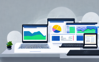 Laptop mit Analytics-Dashboard vor SEO-Icons wie Grafiken und Diagrammen, Datenstrategie zur Websiteverbesserung