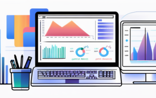 Computerbildschirm zeigt Analyse-Daten und Diagramme zu SEO-Strategien, neben Tastatur und Notizbuch fuer strategische Planung.