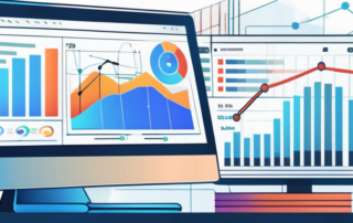 Nahaufnahme eines Computerbildschirms mit Diagrammen und Datenanalysen zur Suchmaschinenoptimierung, umgeben von digitalen Marketingwerkzeugen.