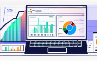 Computerbildschirm zeigt farbcodierte Analysen und Diagramm mit Kennzahlen fuer SEO-Strategien, Notizblock mit SEO-Notizen neben Tastatur.