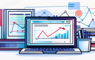 Computerbildschirm zeigt Analysegrafiken und SEO-Metriken, umgeben von Marketingbuechern und Notizen zu strategischen SEO-Praktiken.