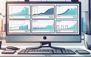 Hochmodernes Buero mit digitalen Bildschirmen, die SEO-Analysen zeigen, und Nahaufnahme einer Suchmaschinenergebnisseite auf einem Computermonitor.