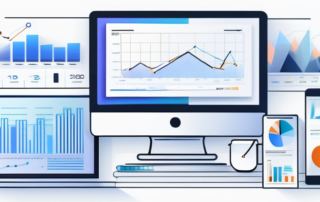 Bueroeinrichtung mit digitalen Bildschirmen, die Analysen und SEO-Tools anzeigen, neben Werbematerialien, die eine starke Markenidentitaet repraesentieren, mit Grafiken und Suchmaschinenoberflaechen zur Unterstreichung der SEO-Integration in Markenstrategien.