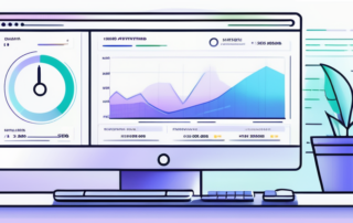 Nahaufnahme eines Computerbildschirms mit einem detaillierten Analyse-Dashboard fuer SEO-Leistungsmetriken und Trends, das datengesteuerte SEO-Strategien visualisiert.