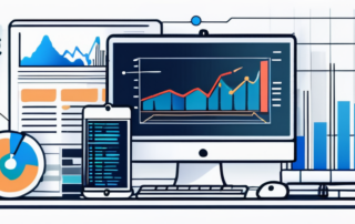 Moderner Arbeitsplatz mit Computer, der SEO-Grafiken anzeigt, umgeben von Notizen und Strategieplaenen fuer Suchmaschinenoptimierung.