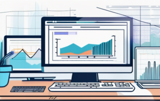 Moderne Arbeitsplatzgestaltung mit Computer, der Diagramme und Datenanalysen zeigt, umgeben von SEO- und Digitalmarketing-Buechern zur Optimierung von Suchmaschinenrankings.