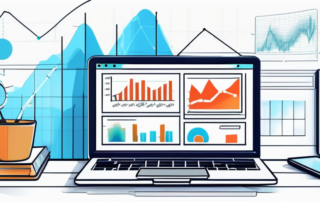 Moderner Arbeitsplatz mit Laptop, Analytics-Graphen, SEO-Buechern und Smartphone, das SEO-Trends anzeigt.