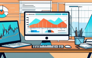 Gut organisierte Arbeitsplatz mit modernem Computer, der SEO-Rankings und Leistungskennzahlen anzeigt, Notizbuch und Kaffeetasse auf dem Schreibtisch fuer Produktivitaet und Konzentration.