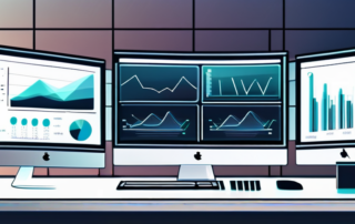 Hochmoderner Arbeitsbereich mit mehreren Digitalbildschirmen, die Diagramme und Analysen fuer SEO-Optimierung zeigen, in einer produktiven Umgebung mit sanfter Beleuchtung.