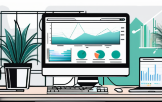 Organisierter Arbeitsplatz mit modernem Computer, der Grafiken zeigt, Digital-Marketing-Buecher und eine Pflanze zur Diskussion ueber SEO-Optimierungstechniken.