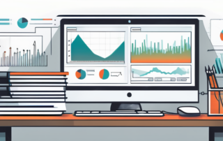 Sauberer und eleganter Arbeitsplatz mit Computer, der SEO-Leistungskennzahlen anzeigt, umgeben von SEO-Buechern und Notizen fuer strategische Planung und kontinuierliches Lernen.