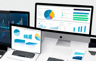 Digital Marketing Dashboard mit SEO Analytic Charts, Laptop zeigt Website Struktur und Keywords.