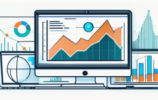 Nahaufnahme eines digitalen Bildschirms mit einem Graphen, der Aufwaertstrends zeigt, was erfolgreiche SEO-Strategien symbolisiert, umgeben von verschiedenen digitalen Marketingwerkzeugen und Geraeten, die das Thema Online-Geschaeftswachstum durch SEO hervorheben.