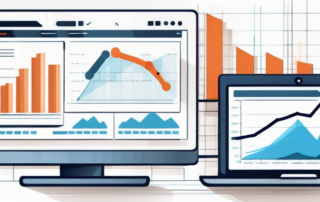 Aufwaertsgerichtete Diagramme und Grafiken fuer Website-Analytik und Leistungsmessung, umgeben von digitalen Geraeten zur Darstellung von SEO-Erfolg.