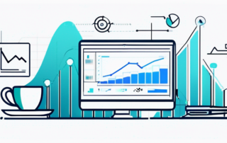 Steiler Anstieg der Website-Besucherzahlen auf einem Bildschirm mit digitalen Marketinganalysen, umgeben von digitalen Geraeten und einer Kaffeetasse, die eine Arbeitsumgebung fuer digitale Optimierung darstellt.