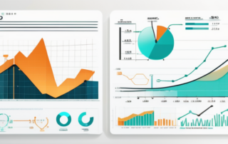 Aufwaertstrendende Grafiken und Analyse-Diagramme die fortschritte in SEO-Strategien und -Werkzeugen ueber die Zeit darstellen, mit Lupen und Zahnraedern als Symbole fuer Details und Technik.