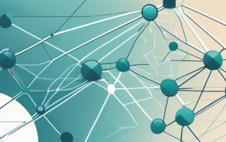 Digitale Knoten in einem Netzwerk mit Lupe auf strategischem Knotenpunkt fuer Suchmaschinenoptimierung