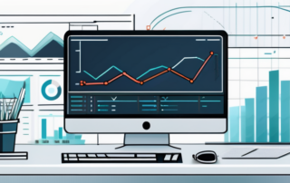 Organisierter Arbeitsplatz mit modernem Computer, der Diagramme und Analysen zur SEO-Optimierung anzeigt, und kreativem abstraktem Muster im Hintergrund.