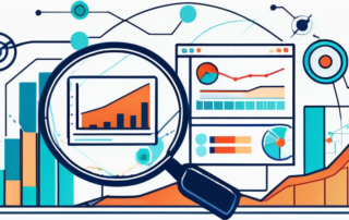 Lupe ueber einem komplexen Diagramm von Webanalysen und vernetzten SEO-Strategie-Symbolen, dynamische Darstellung von Suchmaschinenstrategien.