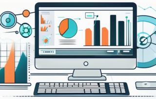 Moderner Computer zeigt Grafiken und Analyse-Daten, umgeben von Digital-Marketing-Icons fuer SEO-Strategien zur Online-Präsenz-Verbesserung.