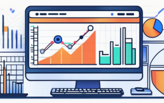 Computerbildschirm zeigt Wachstumsdiagramm, digitale Marketingwerkzeuge und SEO-Icons, betont Effizienz der SEO-Optimierung.