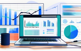 Moderner Arbeitsplatz mit Laptop, der SEO-Leistungsverbesserungen zeigt, umgeben von Notizen und Dokumenten zur digitalen Marketingstrategie, ideal fuer strategische SEO-Planung.