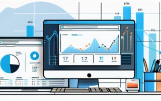 Moderner Arbeitsplatz mit Computer, der Diagramme und Analysen fuer SEO-Optimierungsstrategien zeigt, neben einem offenen Notizbuch fuer aktive Planung.