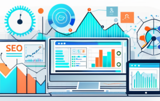 Digitale Geraete zeigen Diagramme und Analysen umgeben von Symbolen fuer SEO-Tools und Strategieelemente, die SEO-Optimierungstechniken darstellen.