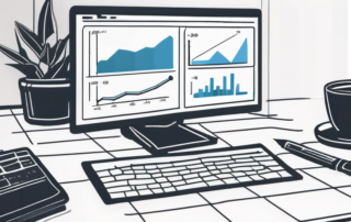 Nahaufnahme eines Computerbildschirms mit Diagrammen und Datenanalysen zur Strategie der Suchmaschinenoptimierung, Notizblock, Stift und Kaffeetasse symbolisieren eine professionelle Arbeitsumgebung.