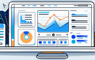 Computerbildschirm mit ansprechender Website-Oberflaeche und SEO-Werkzeugen wie Diagrammen, Suchleisten und Schluesselwoertern zur Steigerung der Sichtbarkeit.