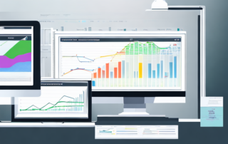 Computerscreen mit SEO Metriken, Analysen und Grafiken, symbolisiert akribische Bewertung und Verbesserung der Suchmaschinenleistung.