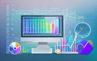 Computerbildschirm mit analytischen Grafiken und Diagrammen, Suchmaschinenmetriken, umgeben von Symbolen fuer SEO-Tools und Strategien, Hintergrund mit ruhigen Farbverlaeufen.