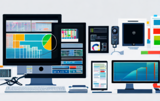 Sauberer Arbeitsplatz mit Computer und Infografik zu SEO Techniken, umgeben von technischen Werkzeugen, SEO Buechern und Analysegrafiken.