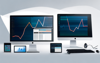 Schlanker Computersetup mit Analytics-Grafiken, Werkzeugen wie Lupe und Zahnrädern, aufwaertstrendender Pfeil fuer schnelle SEO-Verbesserung.