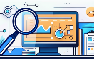 Lupe fokussiert auf hervorgehobene Suchleiste auf digitalem Bildschirm mit Analyse- und Optimierungssymbolen, leuchtende Linien und dynamische Pfeile symbolisieren Bewegung und Wachstum.