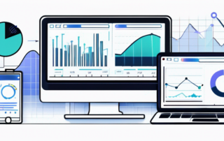 Laptopbildschirm zeigt Grafiken und Analysen zum Thema Suchmaschinenoptimierung, umgeben von digitalen Marketingwerkzeugen.