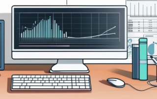 Alt-Tag: Moderner Arbeitsplatz mit Computer zeigt Grafiken und Datenanalysen, umgeben von digitalen Marketing- und SEO-Buechern, professionelles Umfeld fuer Suchmaschinenoptimierungserfolg.