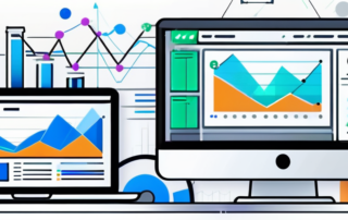 Moderne Computerkonfiguration mit lebhaftem Display, das Diagramme und Symbole fuer steigenden Website-Traffic und Suchrankings zeigt, inklusive SEO-Tools und Analyseberichten.