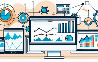 Digitale Geraete zeigen Grafiken und Analysen, umgeben von SEO-Symbolen wie Keywords und Backlinks fuer Web-Dominanz-Strategien.