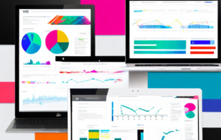 Website-Interface mit SEO-Analysen und Leistungsverbesserungen auf Laptop-Bildschirm, umgeben von Charts und Diagrammen.