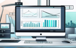 Modernes Buero mit Ultrabreitbildschirm, der Grafiken und Analysen zeigt, umgeben von High-Tech-Geraeten und minimalistischer Dekoration, ideal fuer die Optimierung von Konversionsraten.