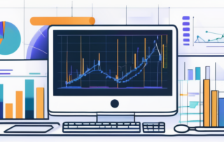 Computerbildschirm zeigt Wachstum und Analytik Graph, SEO Werkzeuge und Dokumente fuer strategische Planung im digitalen Marketing mit Schwerpunkt auf Innovation.