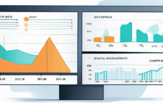 Grafik zeigt positive Trends in digitaler Analytik mit klaren Visualisierungen von Wachstum und Effizienz in Konversionsraten in professionellem, datengesteuerten Umfeld.