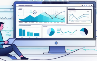 Digitale Schnittstelle eines Website-Analysetools mit Diagrammen und Metriken, Nahaufnahme eines Benutzers bei der Navigation durch eine Kundenreise-Karte zur Optimierung der Konversionsraten.