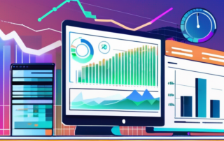 Computerbildschirm zeigt bunte Grafiken und Diagramme fuer Webseiten-Analytik zur Steigerung der Konversionsraten, unscharfer Hintergrund mit Buero-Umgebung und Fokus auf digitale Marketing-Performance.