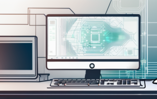 Moderner Computer auf Schreibtisch mit digitalem Code, symbolisiert fortschrittliche AI Technologie in kreativen Workflows, dynamische visuelle Elemente im Hintergrund.