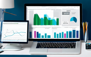 Computerbildschirm mit Analytics-Dashboard, Grafiken und Diagrammen, umgeben von Buerozubehoer auf aufgeraeumtem Schreibtisch.